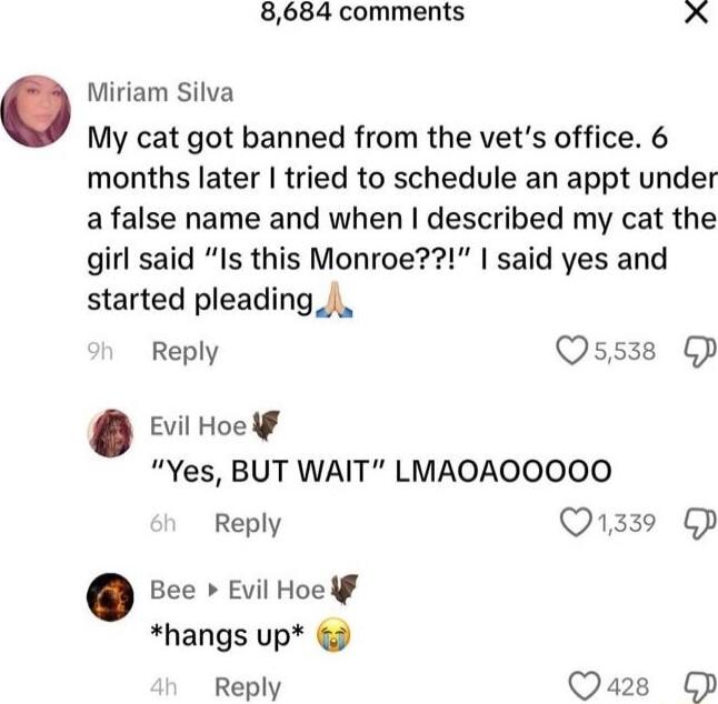 8684 comments X Miriam Silva My cat got banned from the vets office 6 months later tried to schedule an appt under a false name and when described my cat the girl said Is this Monroe said yes and started pleading Reply QOss3s P Evil Hoe ff Yes BUT WAIT LMAOAOOOOO Reply Q1339 O Bee Evil Hoe ff hangs up Reply Qaz2s