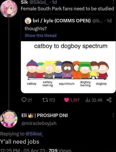Sik Siklol_ 1 Q Female South Park fans need to be studied bri kyle COMMS OPEN thoughts catboy to dogboy spectrum e oga P 34 rng tg Eli PROSHIP DNI o Siklo Yall need jobs 200