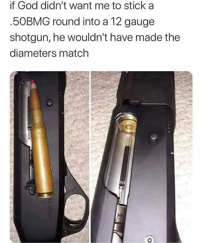 if God didnt want me to stick a 50BMG round into a 12 gauge shotgun he wouldnt have made the diameters match