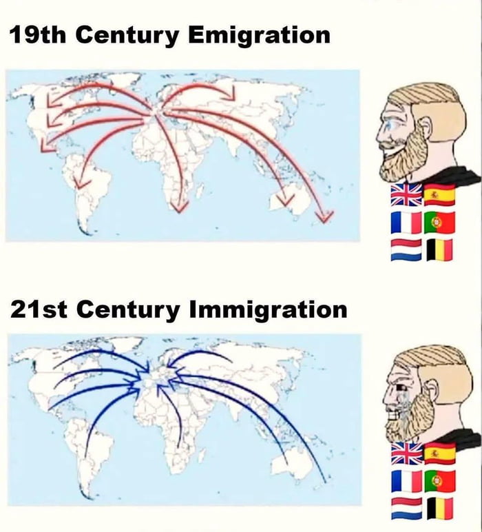 19th Century Emigration. 21st Century Immigration. Maps illustrating global migration patterns, showing emigration from Europe in the 19th century and immigration to Europe in the 21st century. Accompanied by 'Chad' and 'Soyjak' meme faces with flags of European nations.