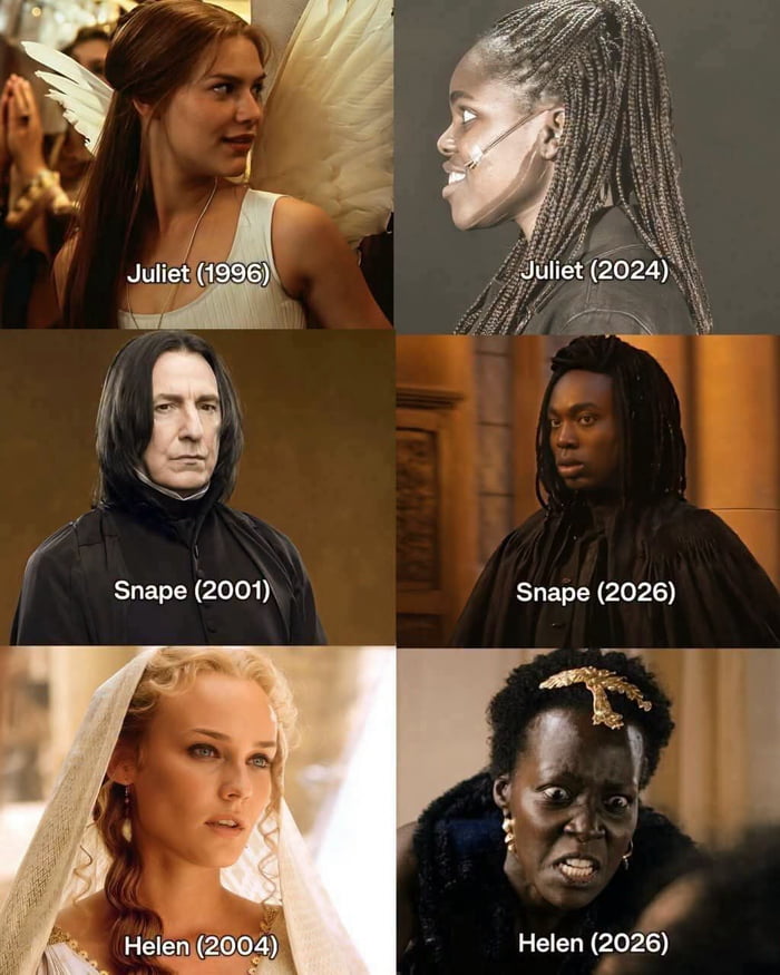 Juliet (1996), Juliet (2024), Snape (2001), Snape (2026), Helen (2004), Helen (2026)