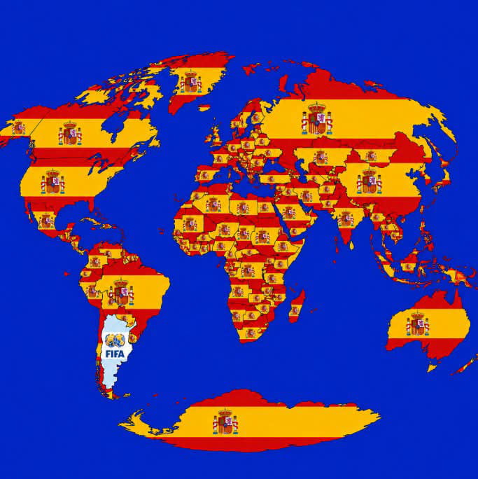 World map with most countries covered by the Spanish flag. Argentina is highlighted in light blue with the FIFA logo.