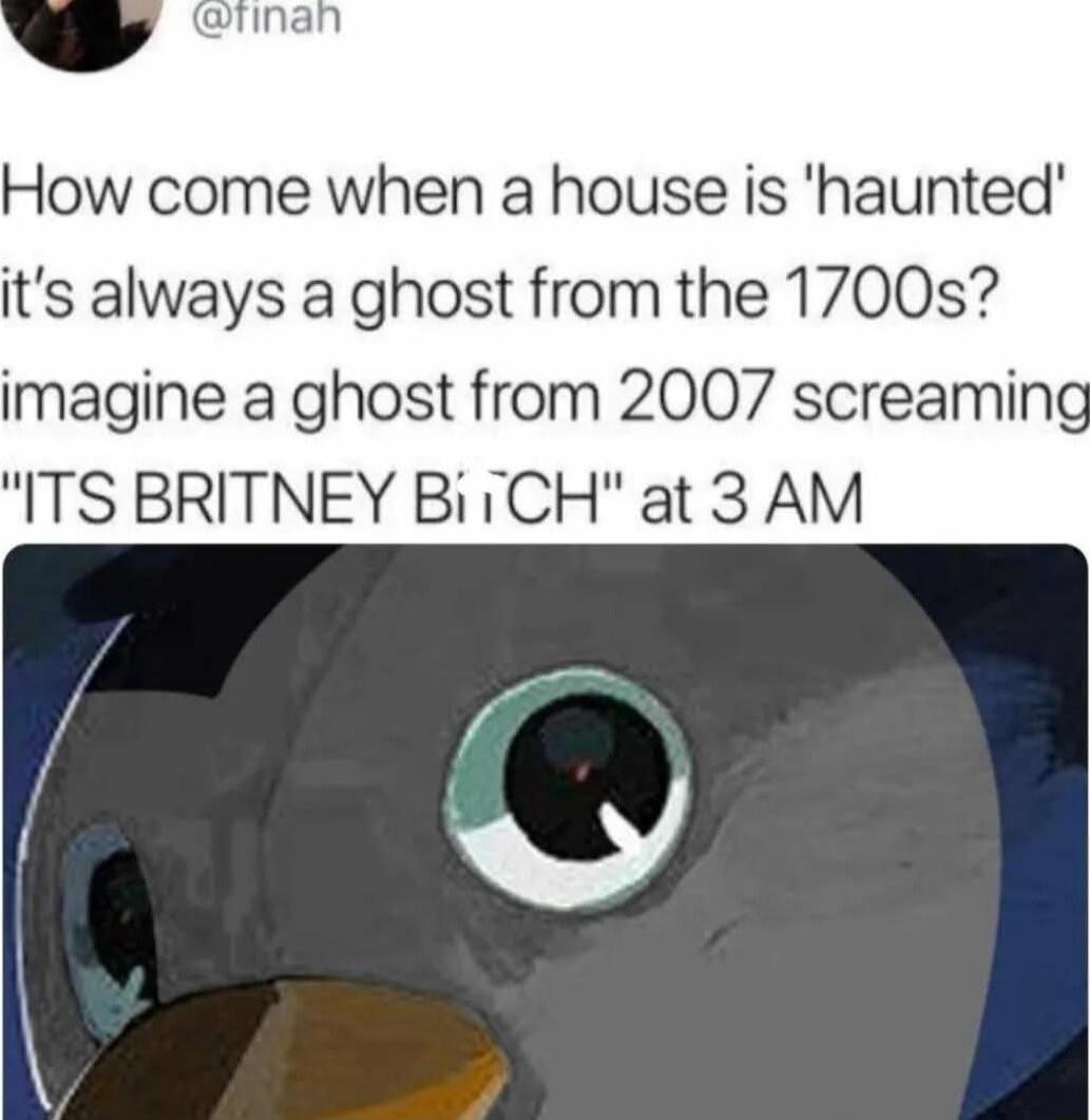 How come when a house is haunted its always a ghost from the 1700s imagine a ghost from 2007 screamin ITS BRITNEY BiiCH at 3 AM