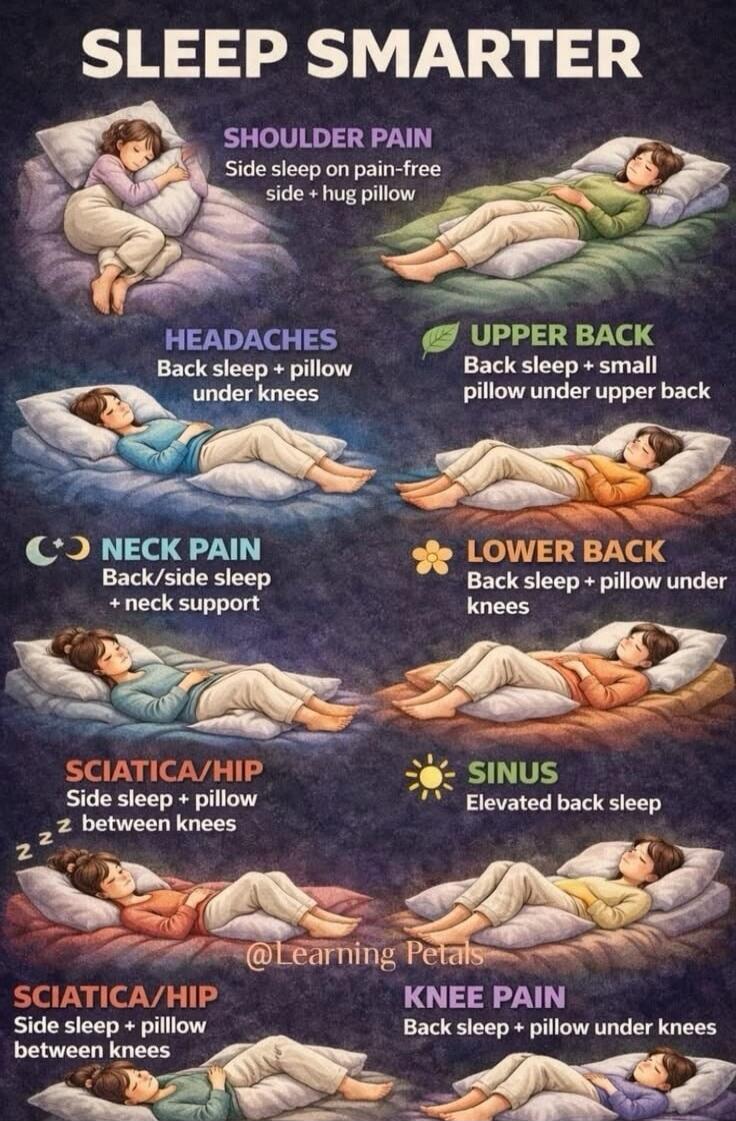 SLEEP SMARTER SHOULDER PAIN Side sleep on pain-free side + hug pillow HEADACHES Back sleep + pillow under knees NECK PAIN Back/side sleep + neck support SCIATICA/HIP Side sleep + pillow between knees @Learning Petals UPPER BACK Back sleep + small pillow under upper back LOWER BACK Back sleep + pillow under knees SINUS Elevated back sleep KNEE PAIN 