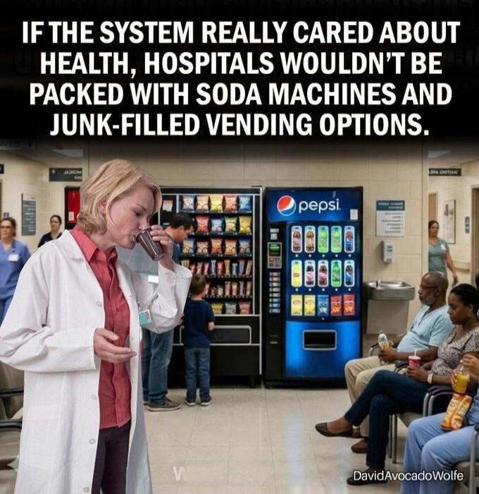 IF THE SYSTEM REALLY CARED ABOUT HEALTH, HOSPITALS WOULDN'T BE PACKED WITH SODA MACHINES AND JUNK-FILLED VENDING OPTIONS.