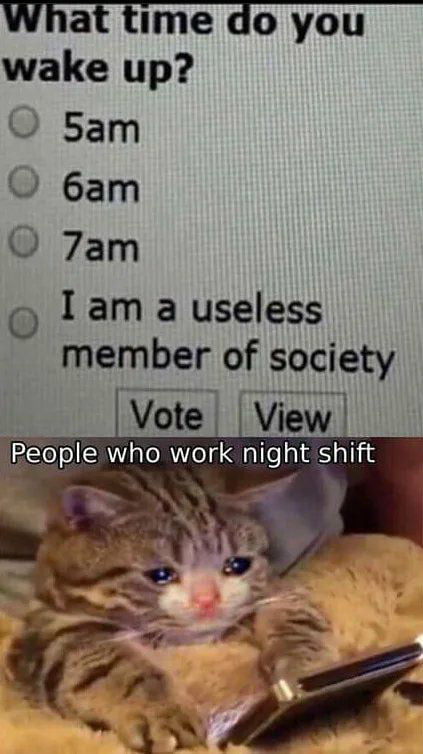 What time do you wake up O 5am 6am 7am I am a useless ople who work night shift _tl Ag e