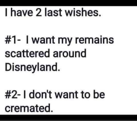 have 2 last wishes 1 want my remains scattered around Disneyland 2 1 dont want to be cremated