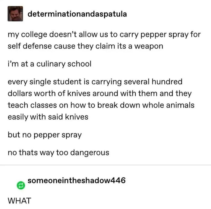 determinationandaspatula my college doesnt allow us to carry pepper spray for self defense cause they claim its a weapon im at a culinary school every single student is carrying several hundred dollars worth of knives around with them and they teach classes on how to break down whole animals easily with said knives but no pepper spray no thats way too dangerous someoneintheshadow446 WHAT