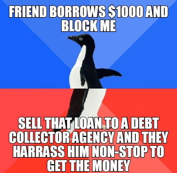 FRIEND BORROWSS1000AND BLOCKME SELL THABT I A DEBT HIR O RT3 HARRASS HIMNON STOP TO Hap a3