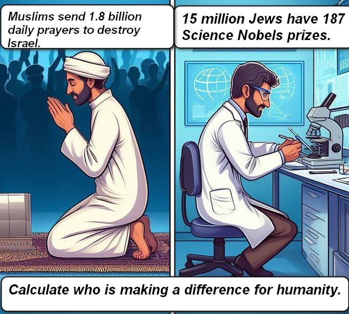 W Muslims send 18 billion 15 million Jews have 187 dally prayers o destroy Science Nobels prizes Calculate who is making a difference for humanity