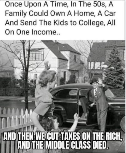 Once Upon A Time In The 50s A Family Could Own A Home A Car And Send The Kids to College All On One Income THEII WECUTTAXESON THE RICH lllllJTHE MIDDLECLASS DIEDS