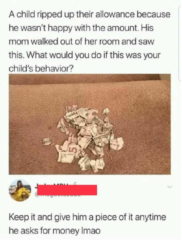 A child ripped up their allowance because he wasnt happy with the amount His mom walked out of her room and saw this What would you do if this was your childs behavior Keep it and give him a piece of it anytime he asks for money Imao