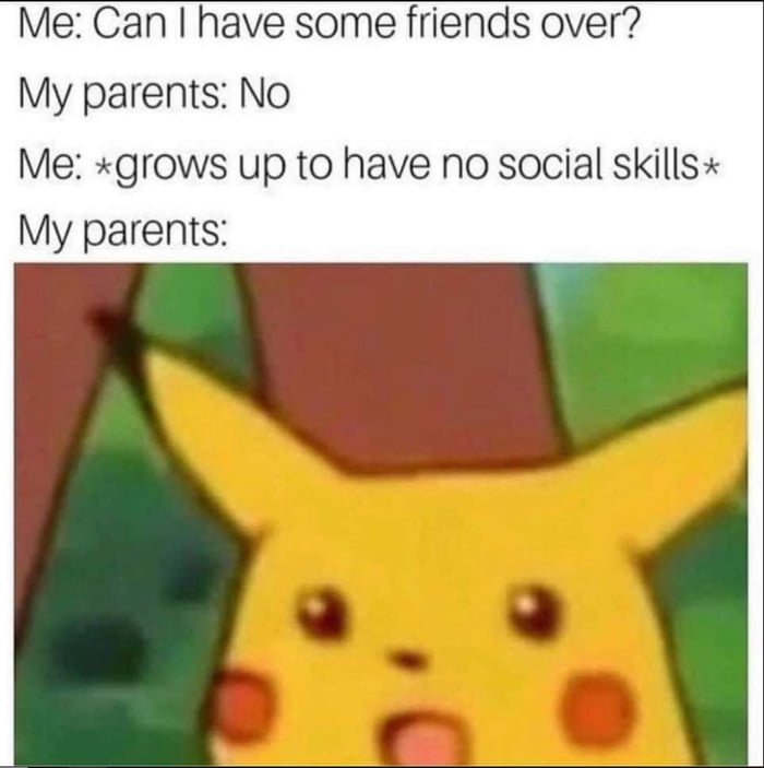 Me Can have some friends over My parents No Me xgrows up to have no social skills My parents