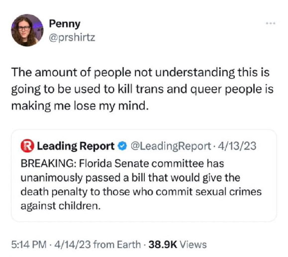The amount of people not understanding this is going to be used to kill trans and queer people is making me lose my mind Leading Report GLeadingReport 41323 BREAKING Florida Senate committee has unanimously passed a bill that would give the death penalty to those who commit sexual crimes against children 514 PM 41423 from Earth 389K Views