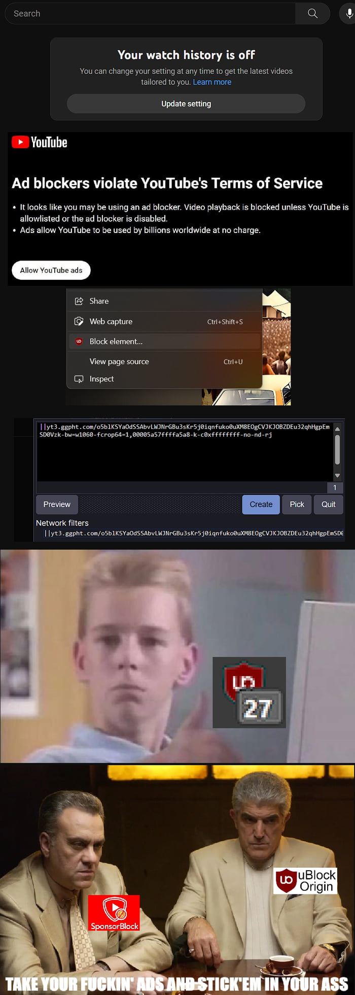Search a Your watch history is off You can change you setting at any e to get the ltestvideos Tallored o you Lear more Update setting YouTube LUR LG ERTEIER CIN T EER B ST Itlooks ke you may be using an ad blocker Video playback i bocked unless YouTube s allowlisted or the ad blocker is disabled Ads allow YouTube 1o be used by bilions worldwide at o charge b i e e e Network fiters 1725 aonecomfoS 