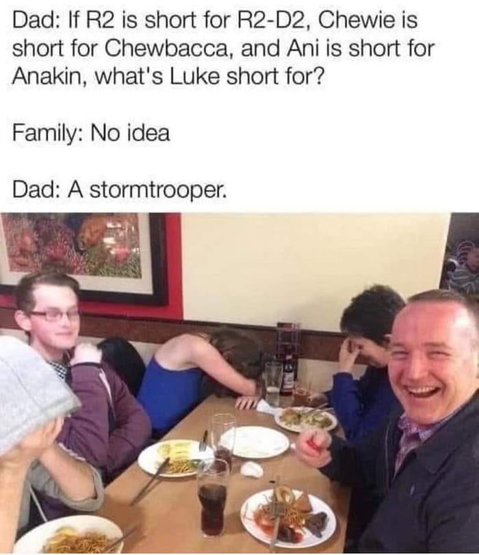Dad If R2 is short for R2 D2 Chewie is short for Chewbacca and Ani is short for Anakin whats Luke short for Family No idea Dad A stormtrooper