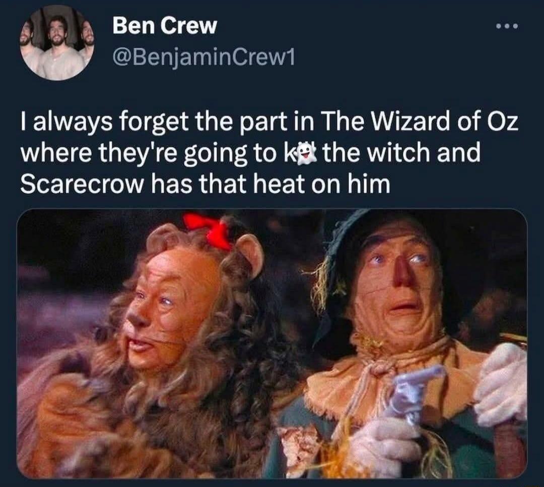 I always forget the part in The Wizard of Oz where they're going to [emoji] the witch and Scarecrow has that heat on him