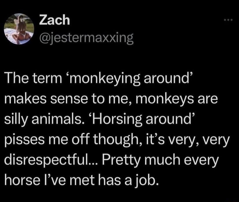 Zach QESCIpEYedl The term monkeying around makes sense to me monkeys are silly animals Horsing around pisses me off though its very very disrespectful Pretty much every horse Ive met has a job