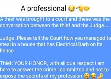 A professional 😂🤌 
A thief was brought to a court and these were the conversation between the thief and the Judge....

Judge: Please tell the Court how you managed to steal in a house that has Electrical Barb on its Fence

Thief: YOUR HONOR, with all due respect i am here to answer the crime I committed and not to expose the secrets of my professio