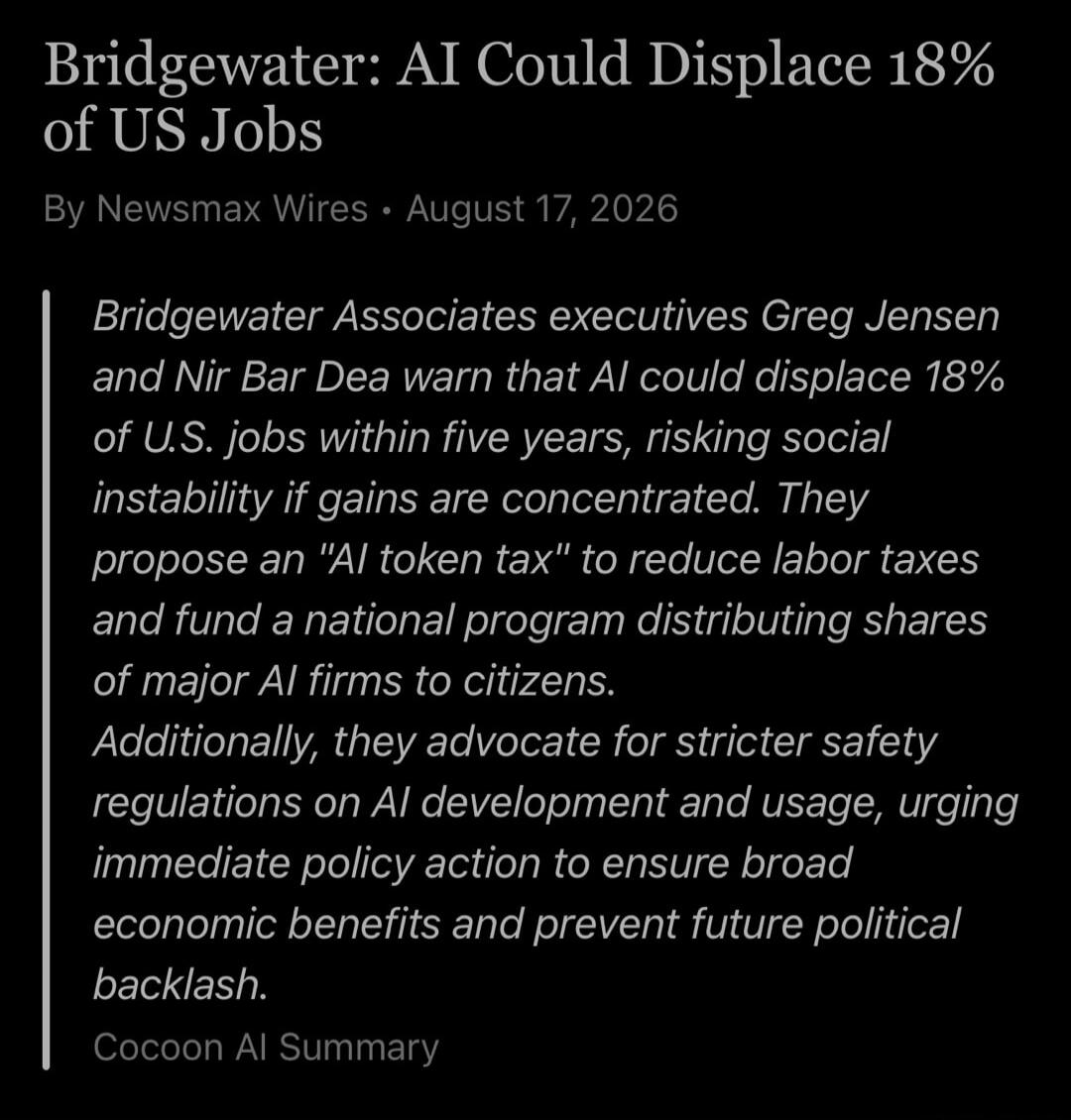 Bridgewater: AI Could Displace 18% of US Jobs. By Newsmax Wires • August 17, 2026. Bridgewater Associates executives Greg Jensen and Nir Bar Dea warn that AI could displace 18% of U.S. jobs within five years, risking social instability if gains are concentrated. They propose an 