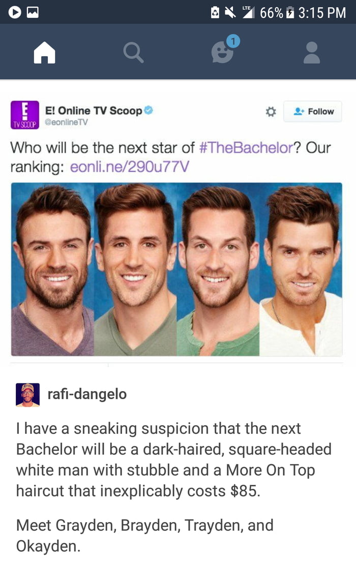 BN 4 66i 315PM eonline E Onlme TV Scoop 2 Follow TJW Who will be the next star of TheBachelor Our ranking eonline290u77V rafi dangelo have a sneaking suspicion that the next Bachelor will be a dark haired square headed white man with stubble and a More On Top haircut that inexplicably costs 85 Meet Grayden Brayden Trayden and Okayden