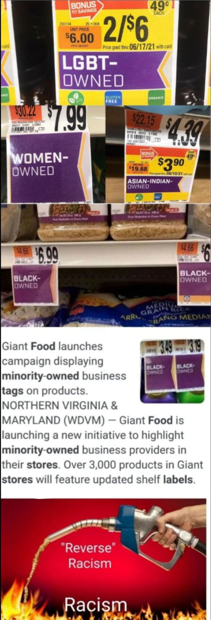 Giant Food launches campaign displaying minority owned business tags on products NORTHERN VIRGINIA MARYLAND WDVM Giant Food is launching a new initiative to highlight minority owned business providers in their stores Over 3000 products in Giant stores will feature updated shelf labels Reverse Racism L Racism