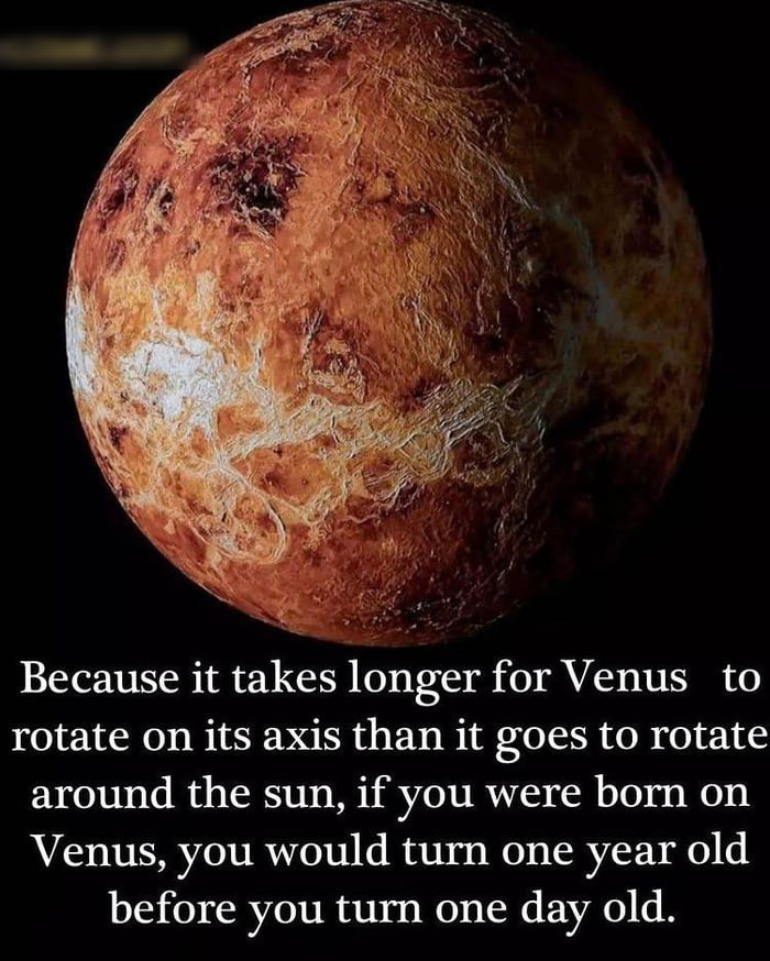 Because it takes longer for Venus to rotate on its axis than it goes to rotate around the sun if you were born on Venus you would turn one year old before you turn one day old