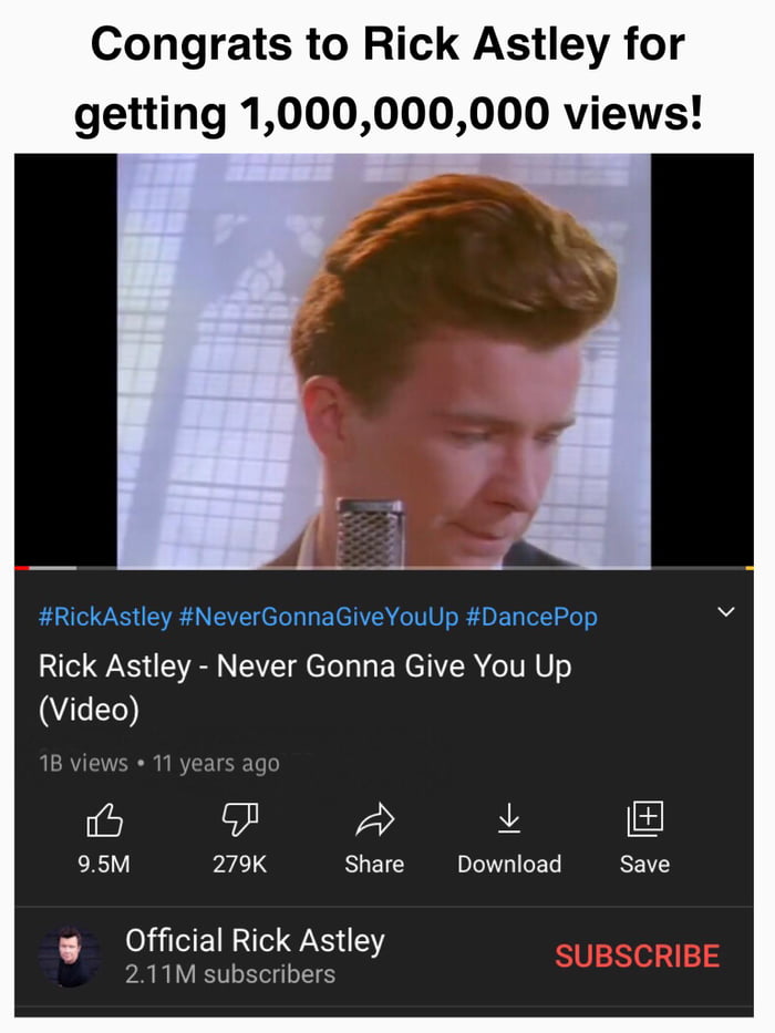 Congrats to Rick Astley for getting 1000000000 views RickAstley NeverGonnaGiveYouUp DancePop Rick Astley Never Gonna Give You Up UL 1B views 11 years ago i 95M 279K Share Download Save g Official Rick Astley 211M subscribers