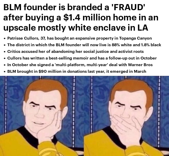 BLM founder is branded a FRAUD after buying a 14 million home in an upscale mostly white enclave in LA Patrisse Cullors 37 has bought an expansive property in Topanga Canyon The district in which the BLM founder will now live is 88 white and 18 black Critics accused her of abandoning her social justice and activist roots Cullors has written a best selling memoir and has a follow up out in October 