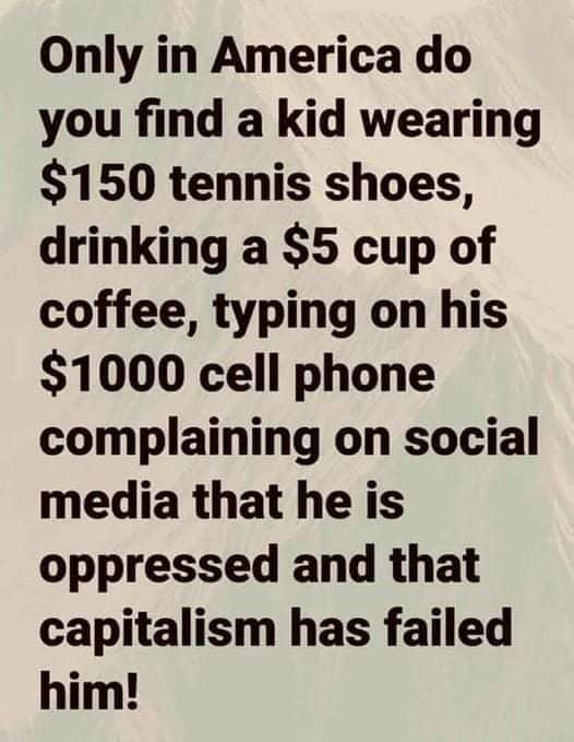 Only in America do you find a kid wearing 150 tennis shoes drinking a 5 cup of coffee typing on his 1000 cell phone complaining on social media that he is oppressed and that capitalism has failed him
