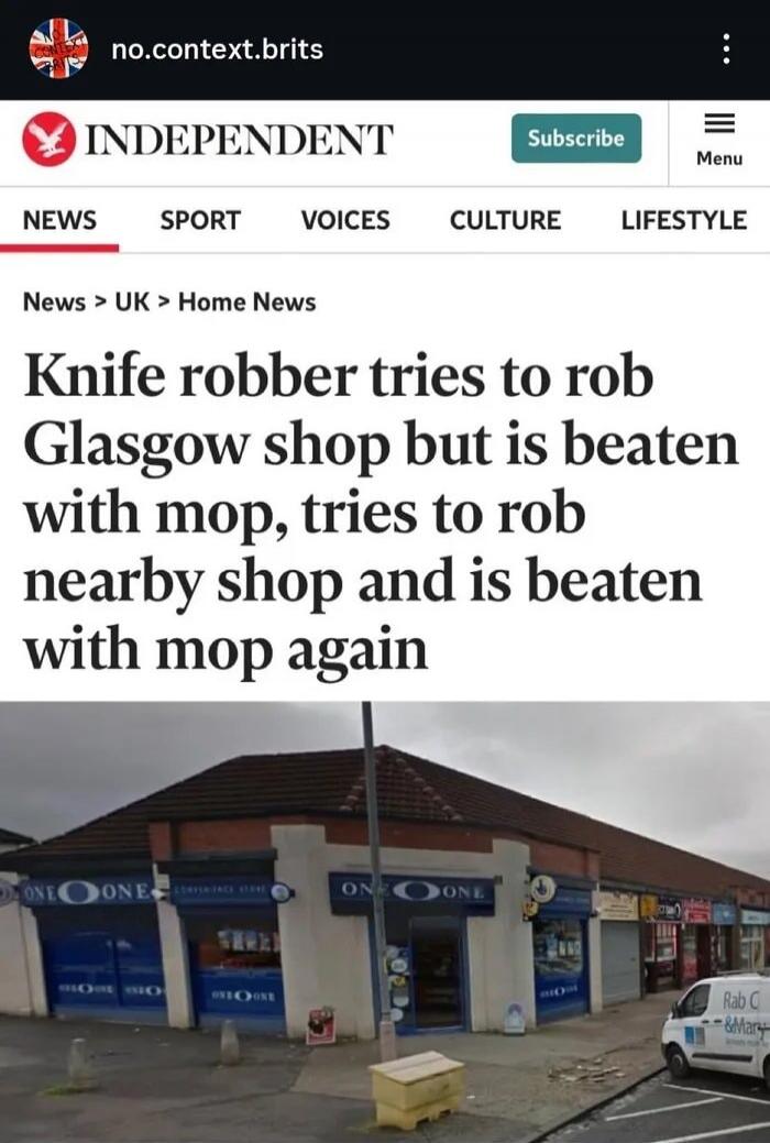 Knife robber tries to rob Glasgow shop but is beaten with mop, tries to rob nearby shop and is beaten with mop again