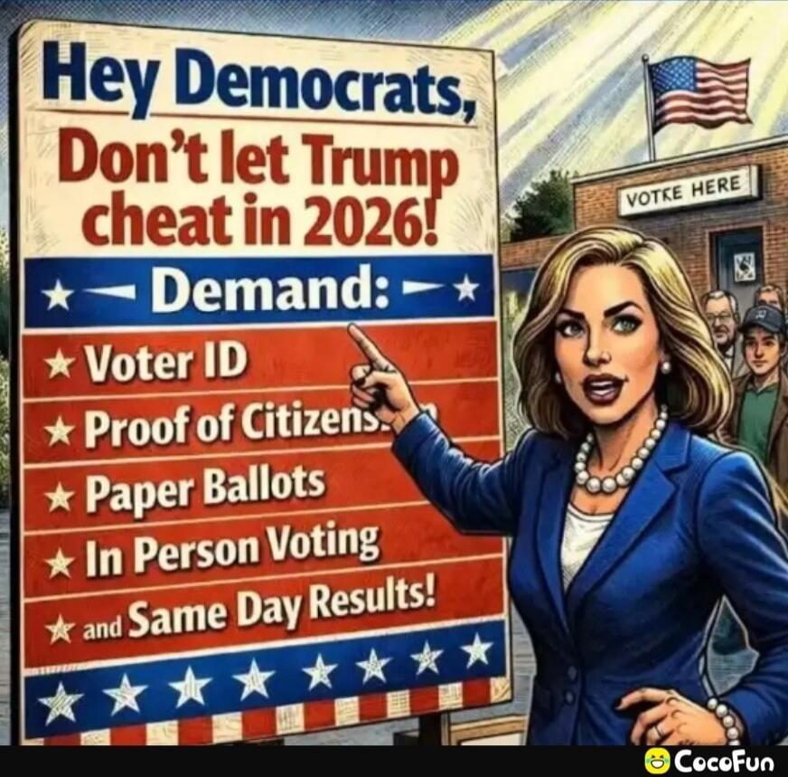 Hey Democrats, Don't let Trump cheat in 2026! Demand: Voter ID, Proof of Citizens, Paper Ballots, In Person Voting, and Same Day Results! VOTE HERE