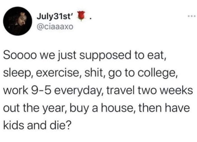 July3ist ciaaaxo Soo00 we just supposed to eat sleep exercise shit go to college work 9 5 everyday travel two weeks out the year buy a house then have kids and die