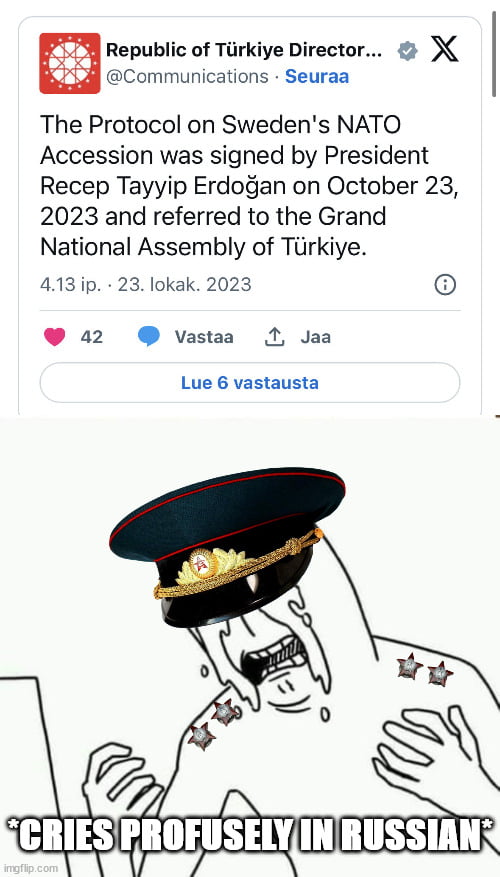 Republic of Tiirkiye Director X Communications Seuraa The Protocol on Swedens NATO Accession was signed by President Recep Tayyip Erdogan on October 23 2023 and referred to the Grand National Assembly of Tirkiye 413 p 23 Iokak 2023 42 vastaa 1 Jaa Lue 6 vastausta IATESLIR