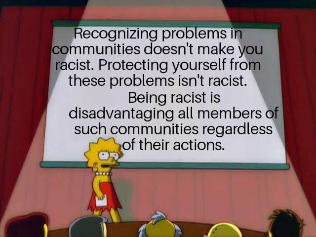 ecognizing problems if munities doesnt make you facist Protecting yourself frol these problems isnt racist Being racist is disadvantaging all members of such communities regardless of their actions