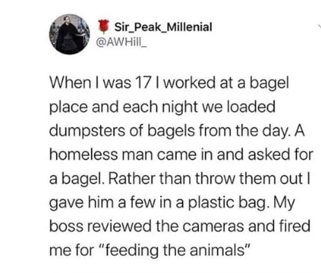 sir_Peak_Millenial AWHill_ When was 17 worked at a bagel place and each night we loaded dumpsters of bagels from the day A homeless man came in and asked for a bagel Rather than throw them out gave him a few in a plastic bag My boss reviewed the cameras and fired me for feeding the animals