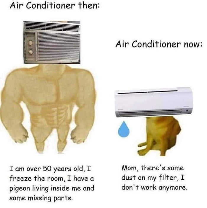 Air Conditioner then yye I am over 50 years old T freeze the room I have a pigeon living inside me and some missing parts Air Conditioner now Mom theres some dust on my filter T dont work anymore