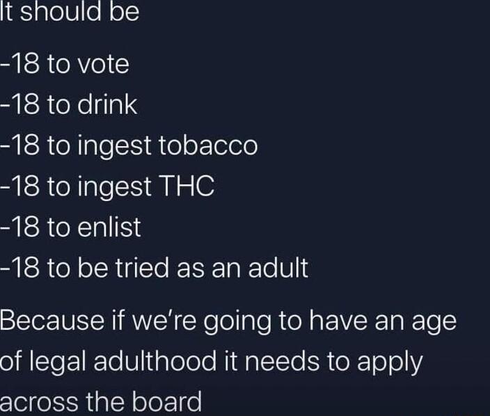 it should be 18 to vote 18 to drink 18 to ingest tobacco 18 to ingest THC 18 to enlist 18 to be tried as an adult Because if were going to have an age QTS ETRETe V plolelo MidgTTe SR oXTo o across the board