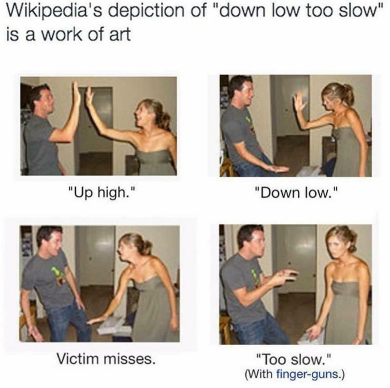 Wikipedias depiction of down low too slow is a work of art Up high Down low Victim misses Too slow With finger guns