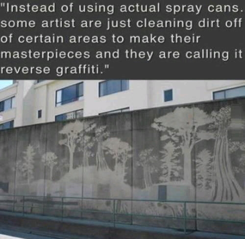 Instead of using actual spray cans some artist are just cleaning dirt off of certain areas to make their ETS T o ToTE T Lo IR G TEAVAF VAV Te WS reverse graffiti