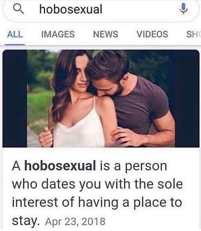 Q hobosexual Ul ALL IMAGES NEWS VIDEOS Sk A hobosexual is a person who dates you with the sole interest of having a place to stay Apr 232018