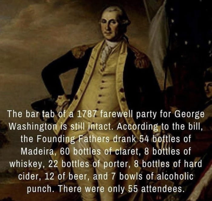 The bar tabf ell party for George Washington fs s ordinato GERVILR the Founding rank 54 boftles of EGEEMGL laret 8 bottles of whiskey 22 bottles o s Y e 1 OICTER RN R EE L and 7 bowls of alcoholic punch Thereramly CEEUCHGEEER