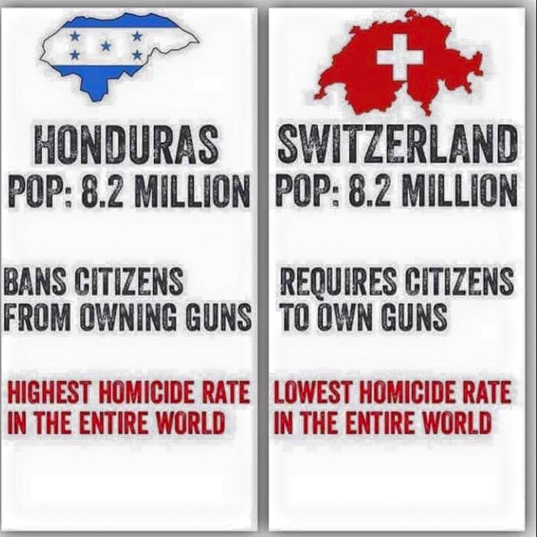 HONDURAS SWITZERLAND POP 82 MILLION POP 82 MILLION BANS CITIZENS REQUIRES CITIZENS FROM OWNING GUNS TO OWN GUNS HIGHEST HOMICIDE RATE LOWEST HOMICIDE RATE IN THE ENTIRE WORLD IN THE ENTIRE WORLD