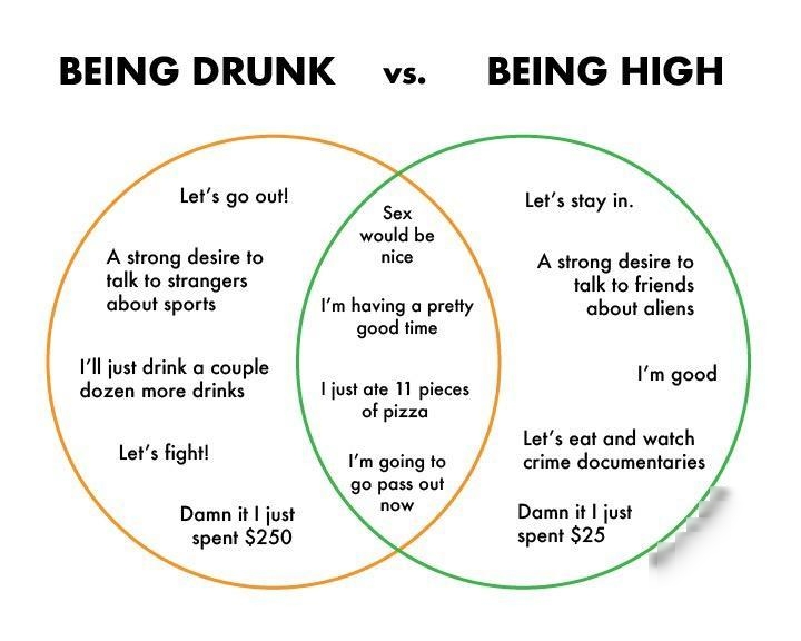 BEING DRUNK Lets go out A strong desire to talk to strangers about sports Il just drink a couple dozen more drinks Lets fight Damn it just spent 250 Sex would be nice Im going to go pass out now VS Im having a prefty good time Ijust ate 11 pieces of pizza BEING HIGH Lets stay in A strong desire to talk to friends about aliens Im good Lets eat and watch crime documentaries Damn it just spent 25
