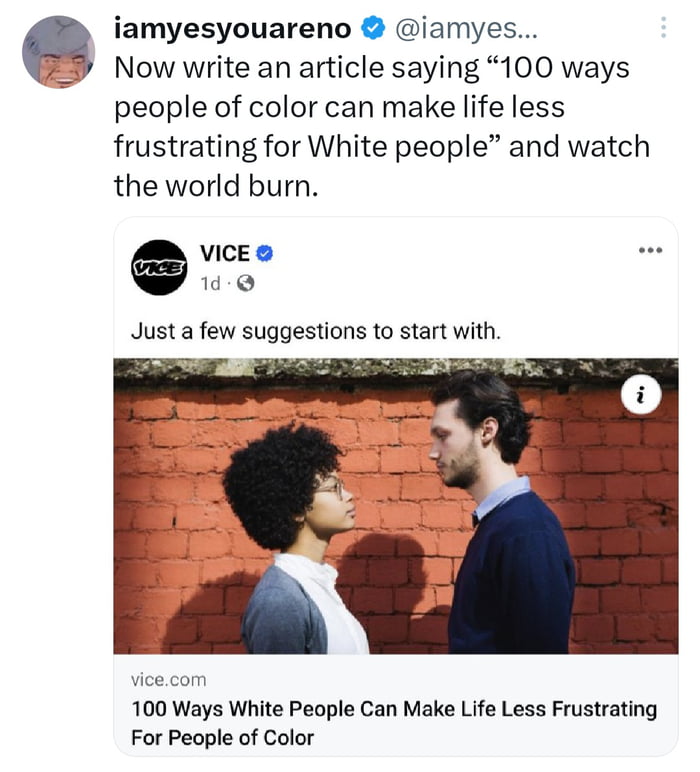 iamyesyouareno iamyes Now write an article saying 100 ways people of color can make life less frustrating for White people and watch the world burn VICE 19 Just a few suggestions to start with 100 Ways White People Can Make Life Less Frustrating For People of Color