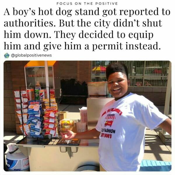 A boys hot dog stand got reported to authorities But the city didnt shut him down They decided lo equip him and give him a permit instead Gglobaipositivenews