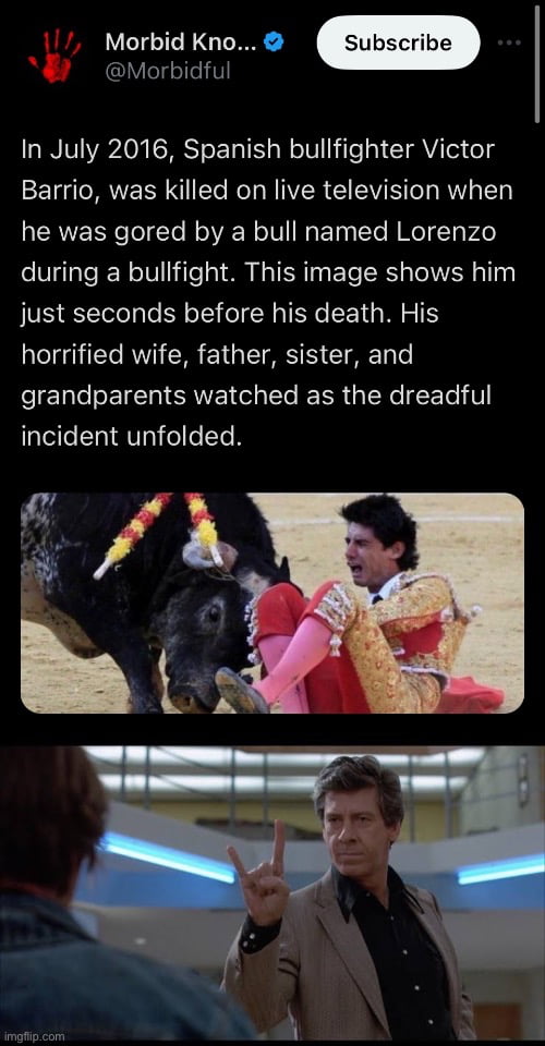 Morbid Kno LYeIge1Te1iT In July 2016 Spanish bullfighter Victor Barrio was killed on live television when NERTE Y eTolTe NoIVACN o V WoEoToy IoTe eI YoVide during a bullfight This image shows him just seconds before his death His horrified wife father sister and grandparents watched as the dreadful incident unfolded N by 5 Bal 1