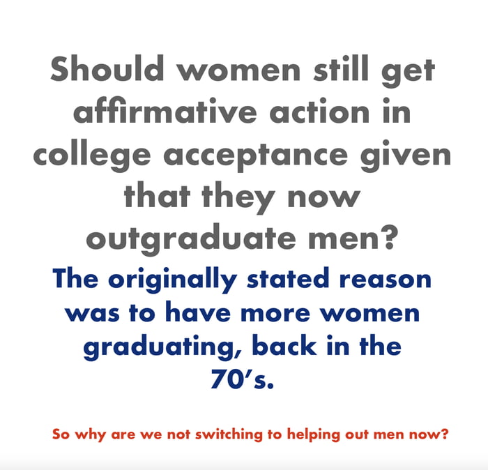 Should women still get affirmative action in college acceptance given that they now outgraduate men The originally stated reason was to have more women graduating back in the 70s So why are we not switching to helping out men now