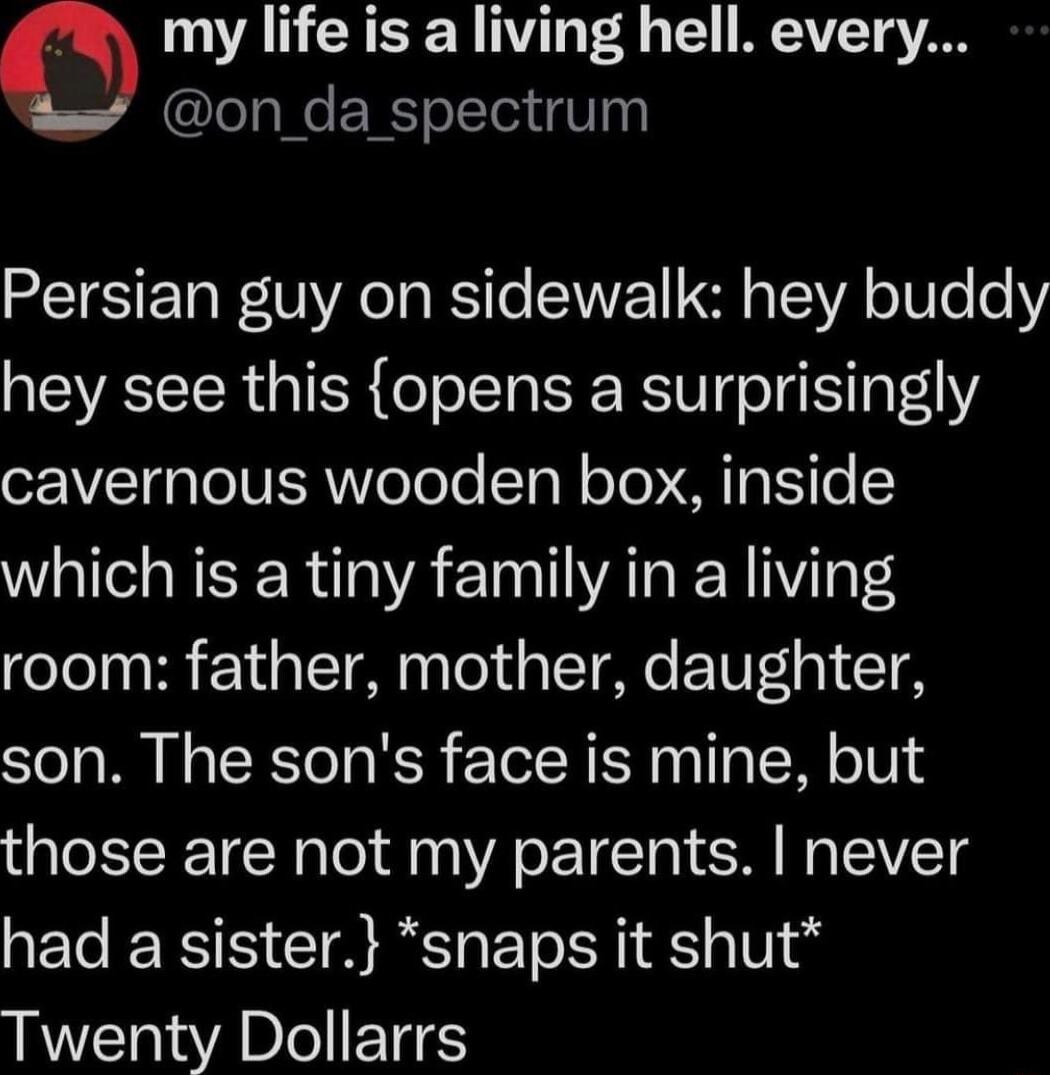 my life is a living hell every 9 l N ERIoLTa e V Persian guy on sidewalk hey buddy hey see this opens a surprisingly o aTeIVERTVeToTo Tl oTo M Ta S To which is a tiny family in a living room father mother daughter son The sons face is mine but those are not my parents never IE RS I M ET o V IR IETES