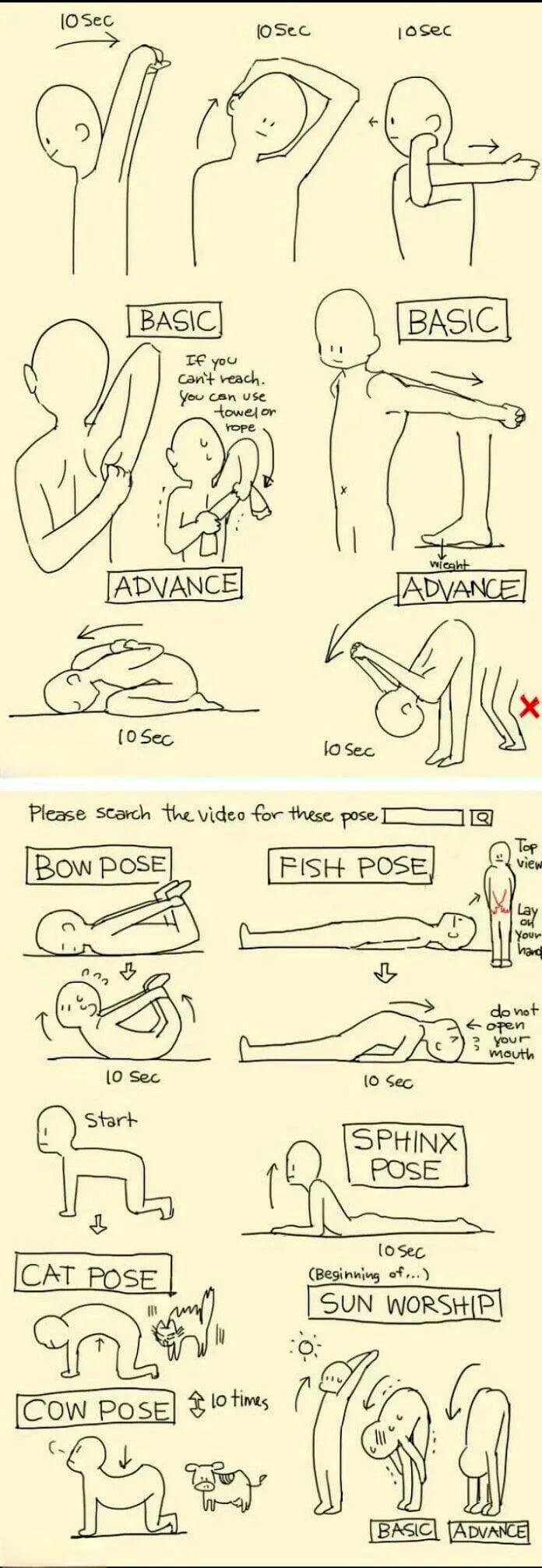 Please scarch the video for these pose 1 Bow posg P 10 Sec 0 Sec Stark SPHINX f POSE _j E ST 0Sec Beginning of pasn e SUN WORSHP i o Cow Posg ot Sl TR uiig